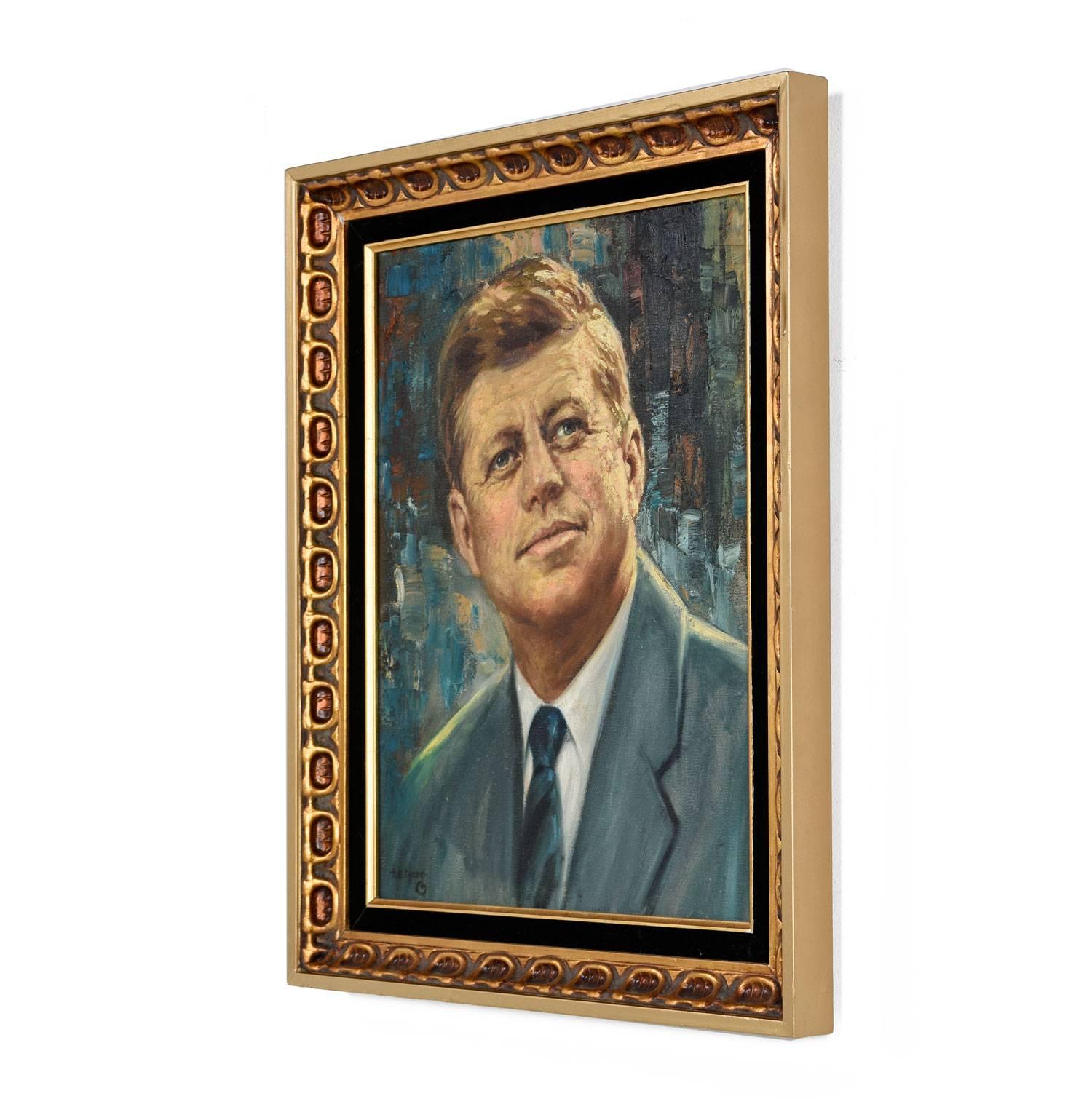 This original acrylic painting captures the essence of the great John F. Kennedy on a beautiful abstract modernist background. The painting along with its embossed black and gold frame are an aesthetically pleasing combination and celebration of