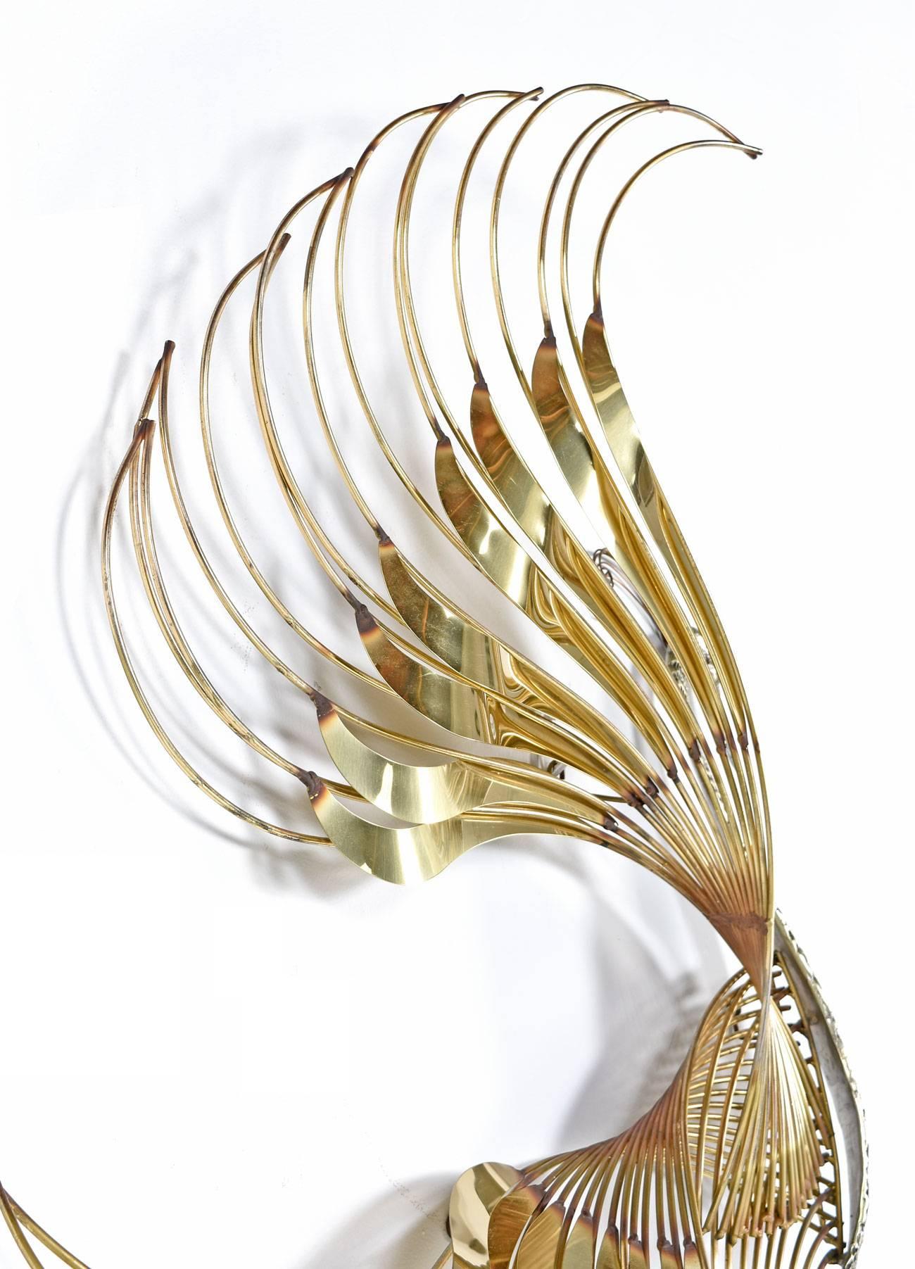 American Curtis Jere Brass Peacock Bird of Paradise Wall Art Sculpture, 1980s