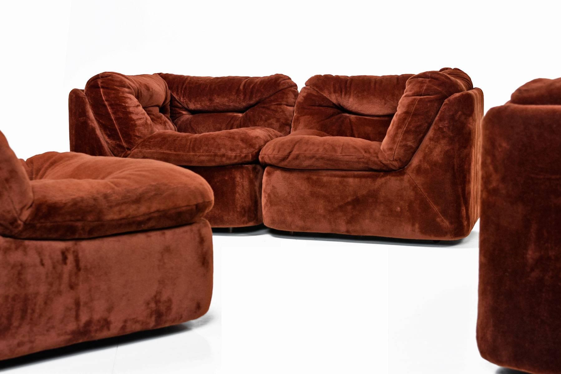Mid-Century Modern Faux Fur Milo Baughman Style Five-Piece Group Modular Sofa Sectional, 1970s