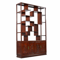 Asian Modern Freestanding Two-Piece Rosewood Room Divider Cabinet Bookshelf