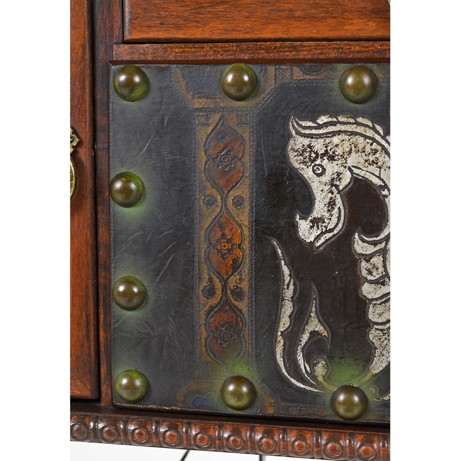 Gothic Revival Style Dragon Motif Brass and Leather Mahogany Oak Dining Set 2
