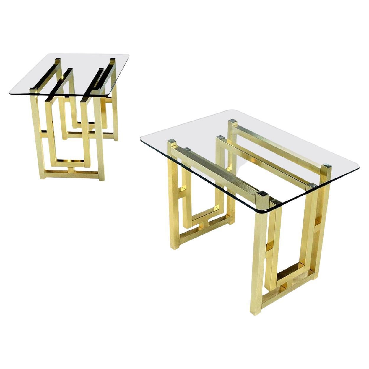 There's so much that's right about these Milo Baughman style side tables. The combination of both brushed and polished brass square tubular construction is perfectly artistic and architectural. Hollywood Regency and Mid-Century Modern intertwine