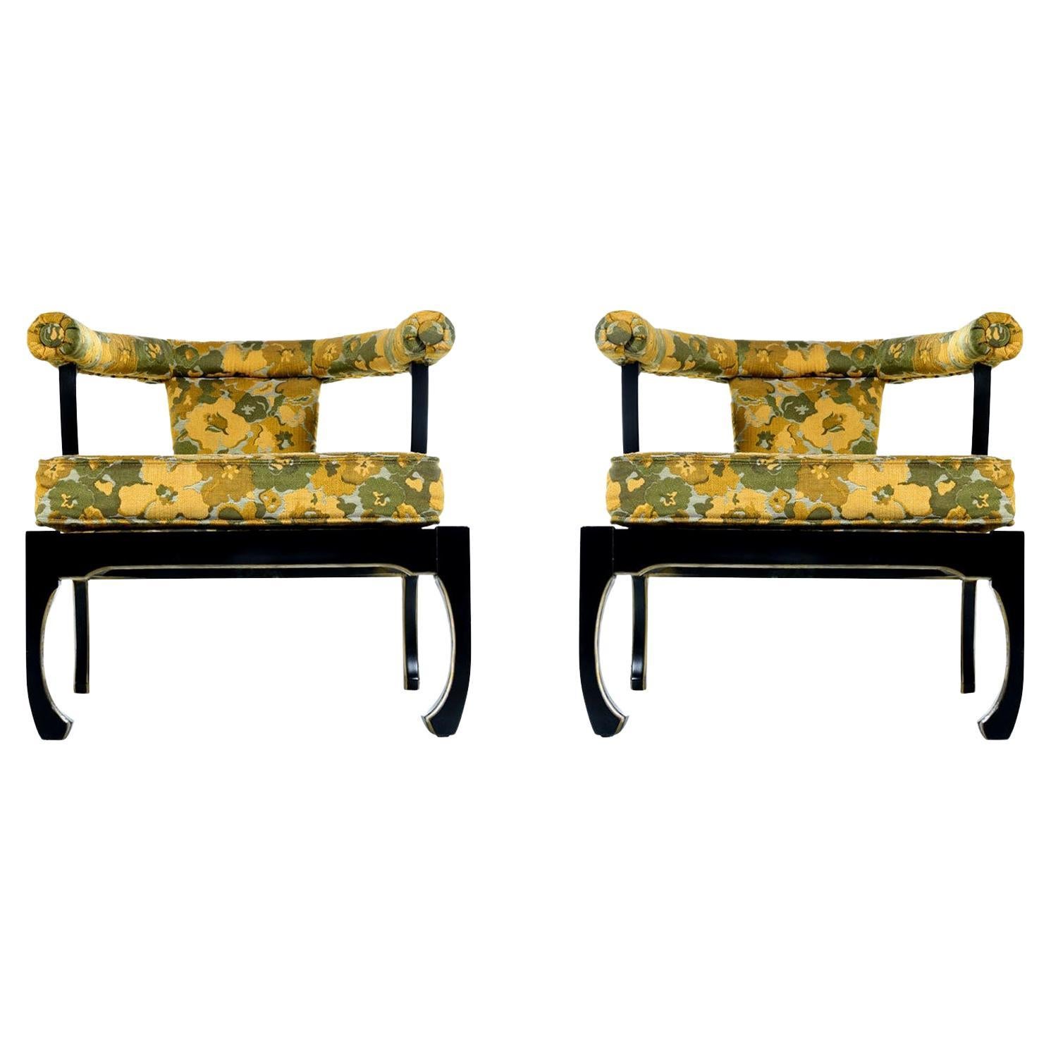 James Mont Style Black Lacquer Gilt Asian Modern Chinoiserie Armchairs by Harris