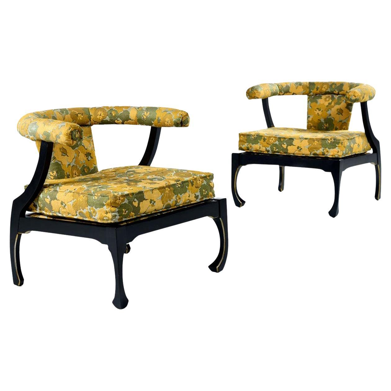 James Mont Style Black Lacquer Gilt Asian Modern Chinoiserie Armchairs by Harris