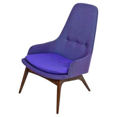 Mid-Century Modern Three-Tone Purple Blue Teal Tweed Tufted Walnut Base Armchair