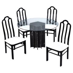 Belgian Black Marble Dining Table & Asian Modern Black Lacquer Dining Chairs Set