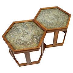 John Keal for Brown Saltman Hexagonal Walnut Enamel Side Tables