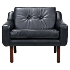 Restored Midcentury Svend Skipper Style Black Leather Low-Back Lounge Chair