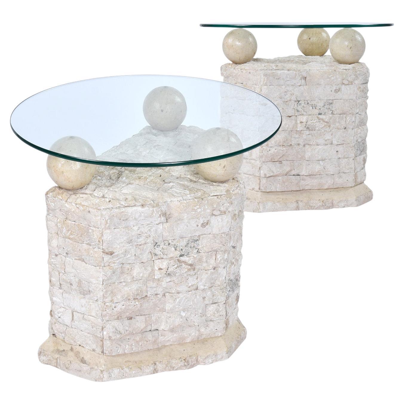 Vintage 1980s Post Modern tessellated Mactan stone side tables or pedestals. These versatile tables are made of Mactan stone, a type of coral. Chunks of stone have been arranged in a staggered brick-like pattern, hence the “tessellated” moniker. A