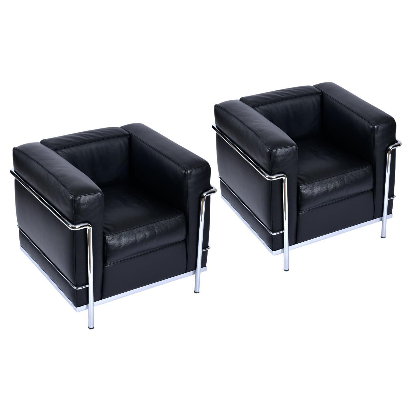 Le Corbusier LC2 Chair by Cassina Made in Italy Chrome and Black Leather