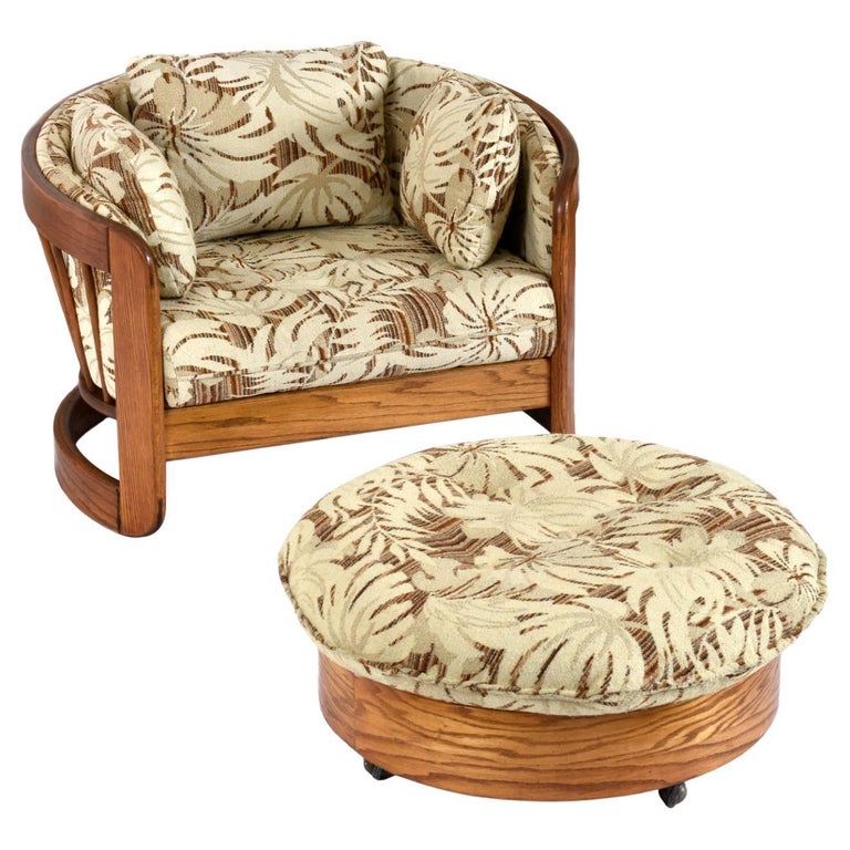 Curved Slat Spindle Back Rustic Modern Solid Oak Tub Chair and Ottoman