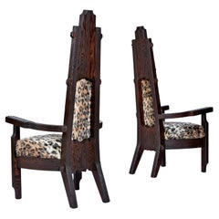 Pair of Faux Leopard Fur Hand Carved High Back Witco Tiki Thrown King Chairs