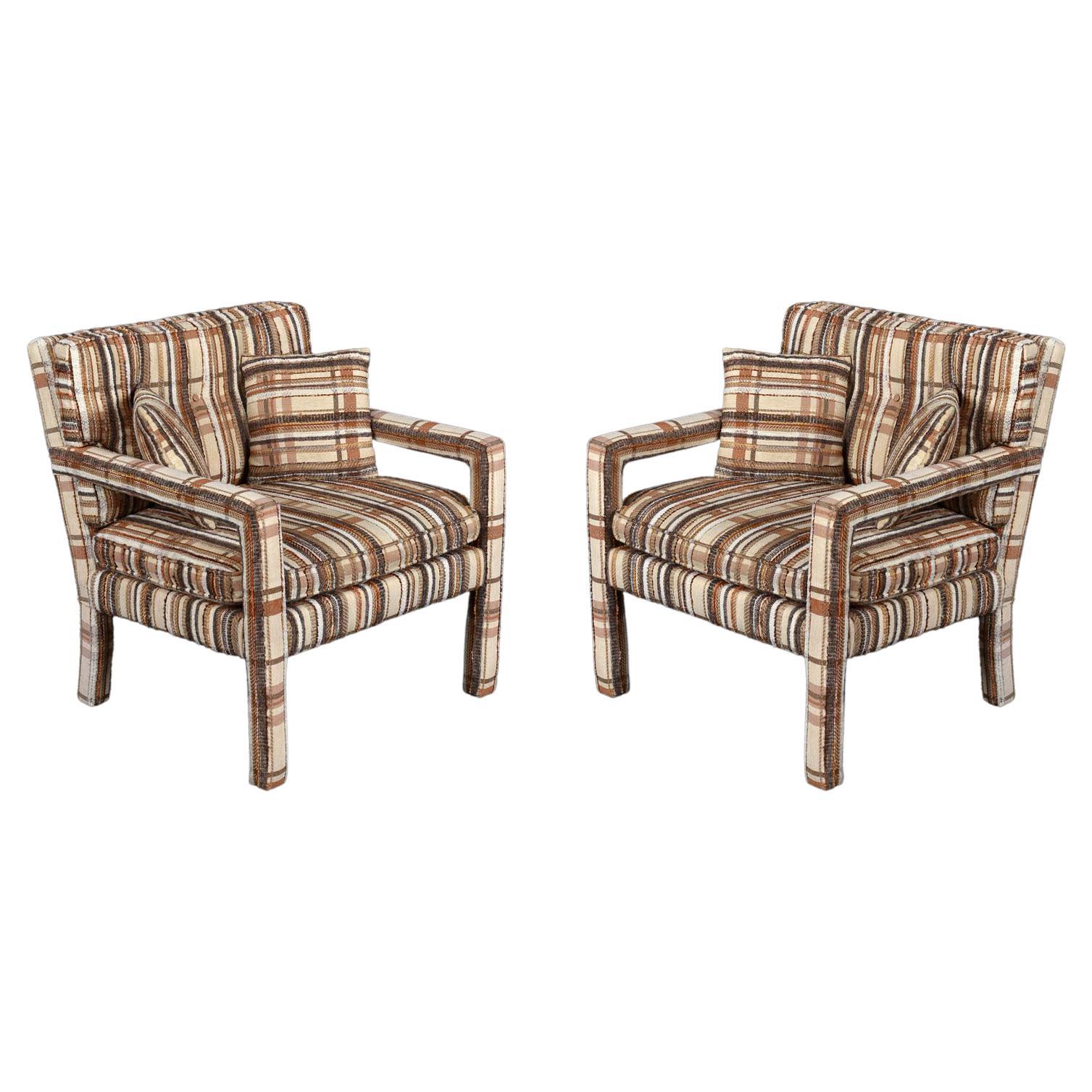 Original 1970's Milo Baughman Style Plaid Fabric Parsons Club Chairs by Kaylyn