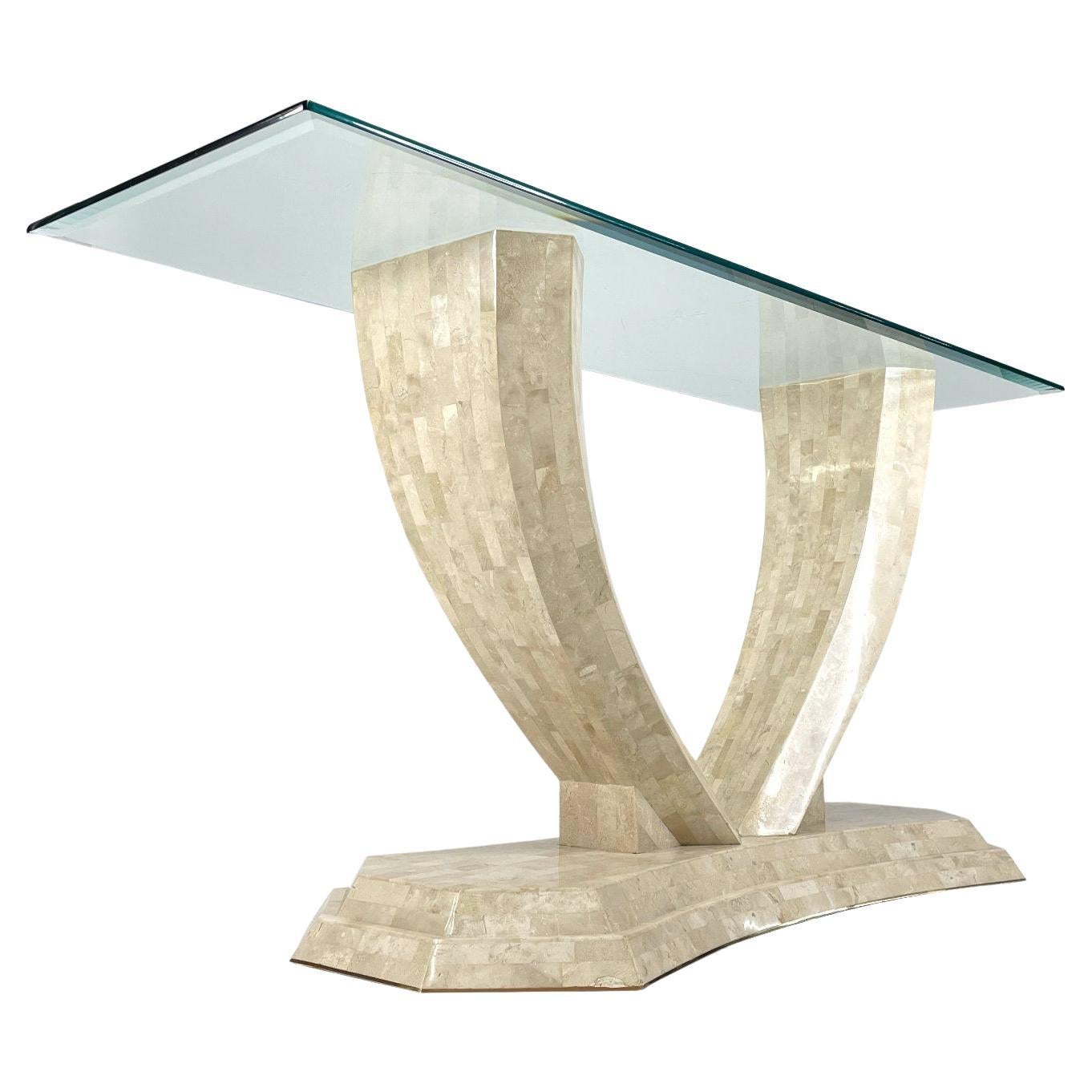 Robert Marcius for Maitland Smith arched tessellated stone console table. The elegantly bowed sofa table is perfect for an entryway or behind a sofa as the name implies. This piece is particularly exquisite, crafted from meticulously laid blocks of