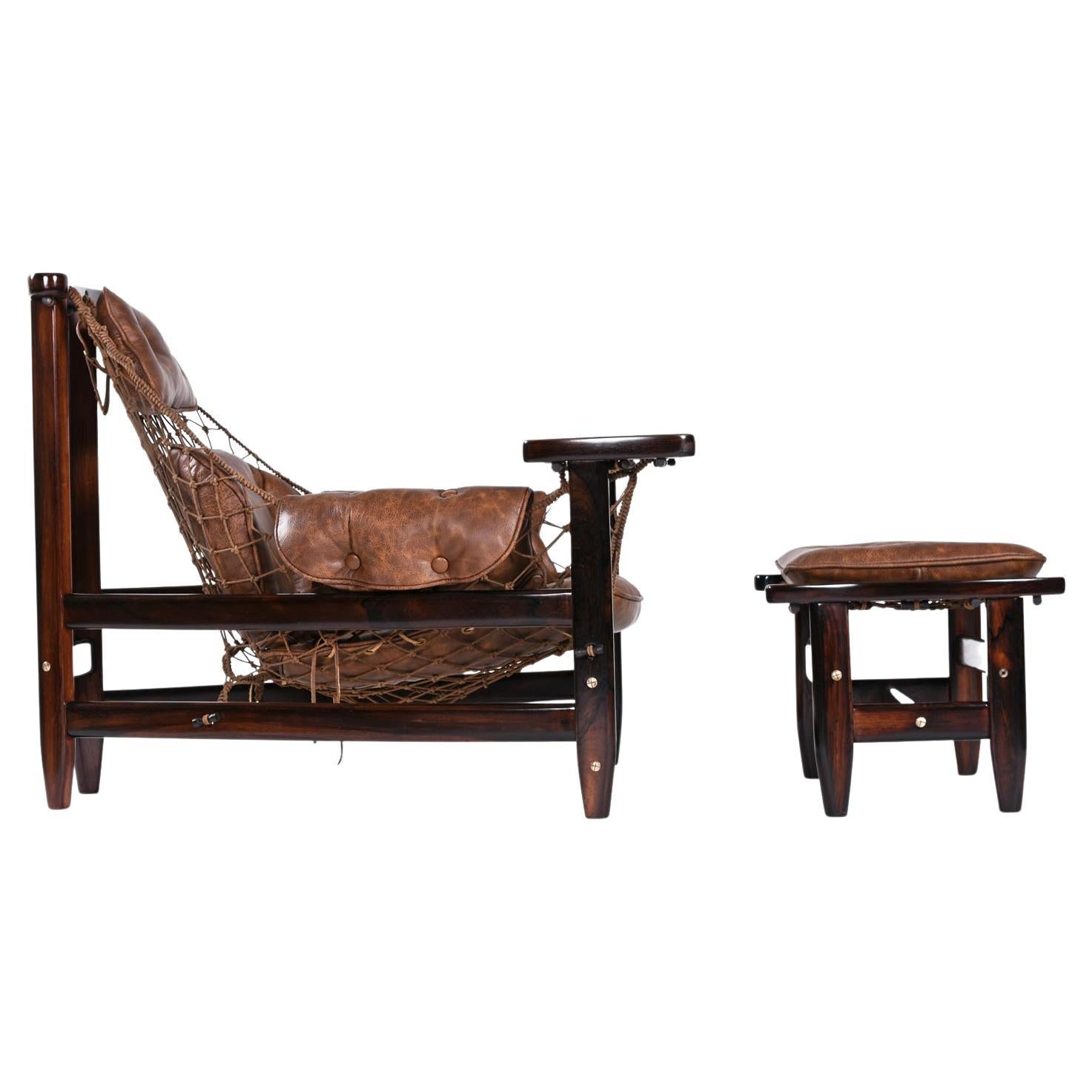 Brasilianischer Jangada Sling Chair aus Palisanderholz und Leder mit Ottomane von Jean Gillon  (Moderne der Mitte des Jahrhunderts) im Angebot
