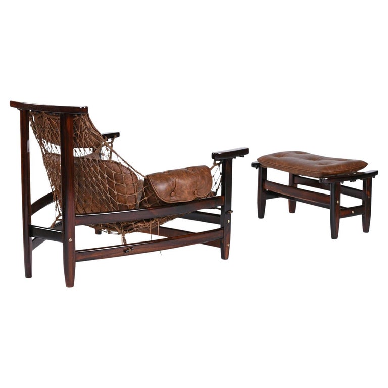 Jean Gillon sling chair and ottoman in Brazilian rosewood and leather, 1960s