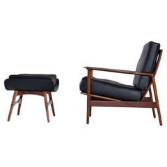 Ib Kofod Larsen for Selig Black Leather Armchair with Galloway’s Ottoman