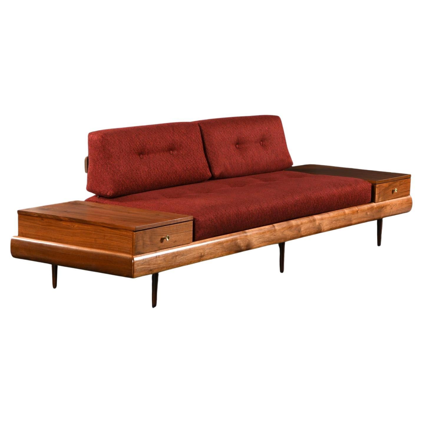 Adrian Pearsall 1709-S Style Platform Sofa with Floating Walnut End Tables For Sale