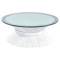 Vintage McGuire Coastal White Rattan Wheat Sheaf Coffee Table with Round Glass