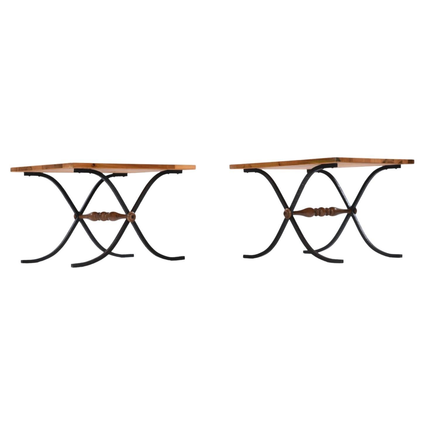 Mid-Century Modern Pair Parquet Oak Petite Side Tables with Iron x Base Sabre Legs For Sale