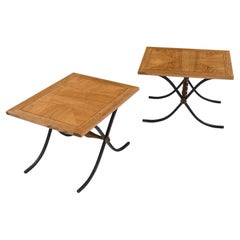 Vintage Pair Parquet Oak Petite Side Tables with Iron x Base Sabre Legs