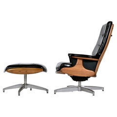Black Naugahyde Heywood Wakefield 710d Swivel Rocker Lounge Chair and Ottoman