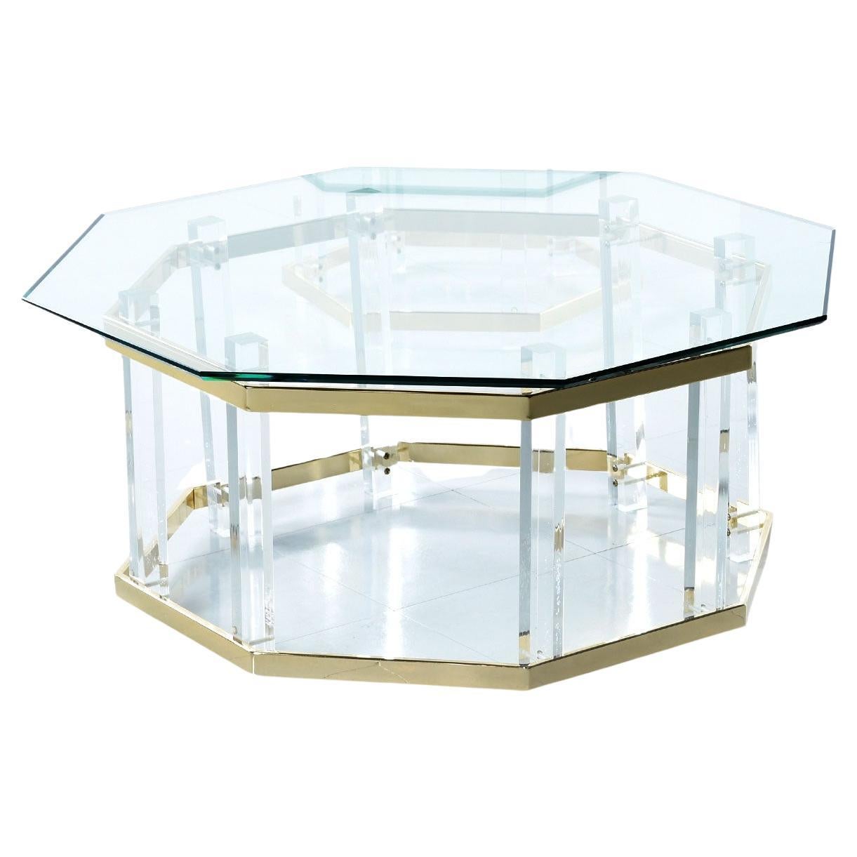 Lucite Acrylic Glass and Brass Coffee Table 1970s Hollywood Regency