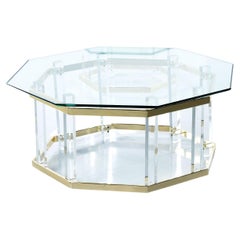 Lucite Acrylic Glass and Brass Coffee Table 1970s Hollywood Regency