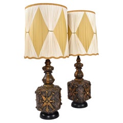 Pair of Large Brown Gold and Black Brutalist Lamps with Pleated Shades