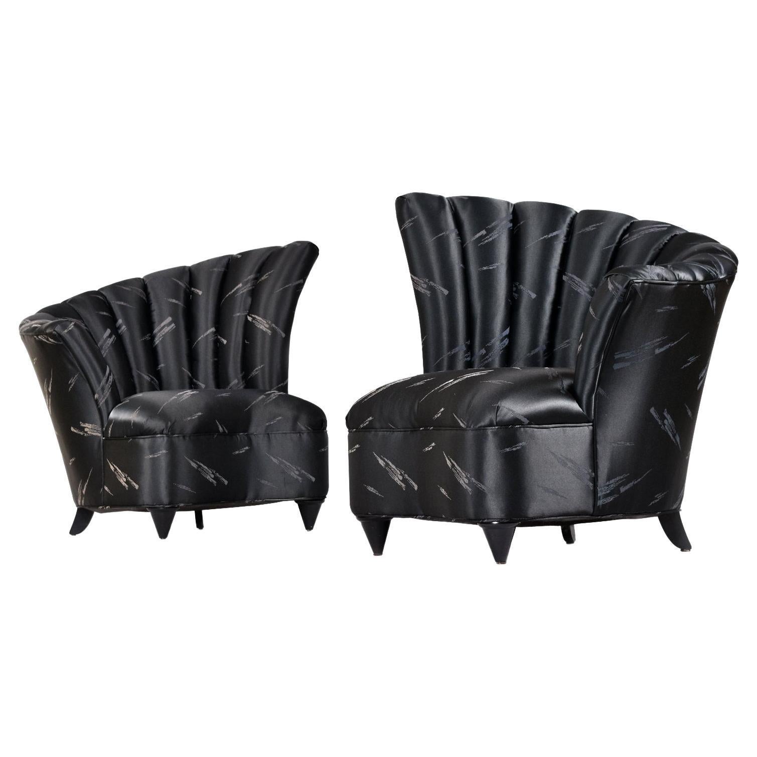 Pair of 1980s Neo-Deco Style Black Satin Scallop Fan Back Slipper Chairs