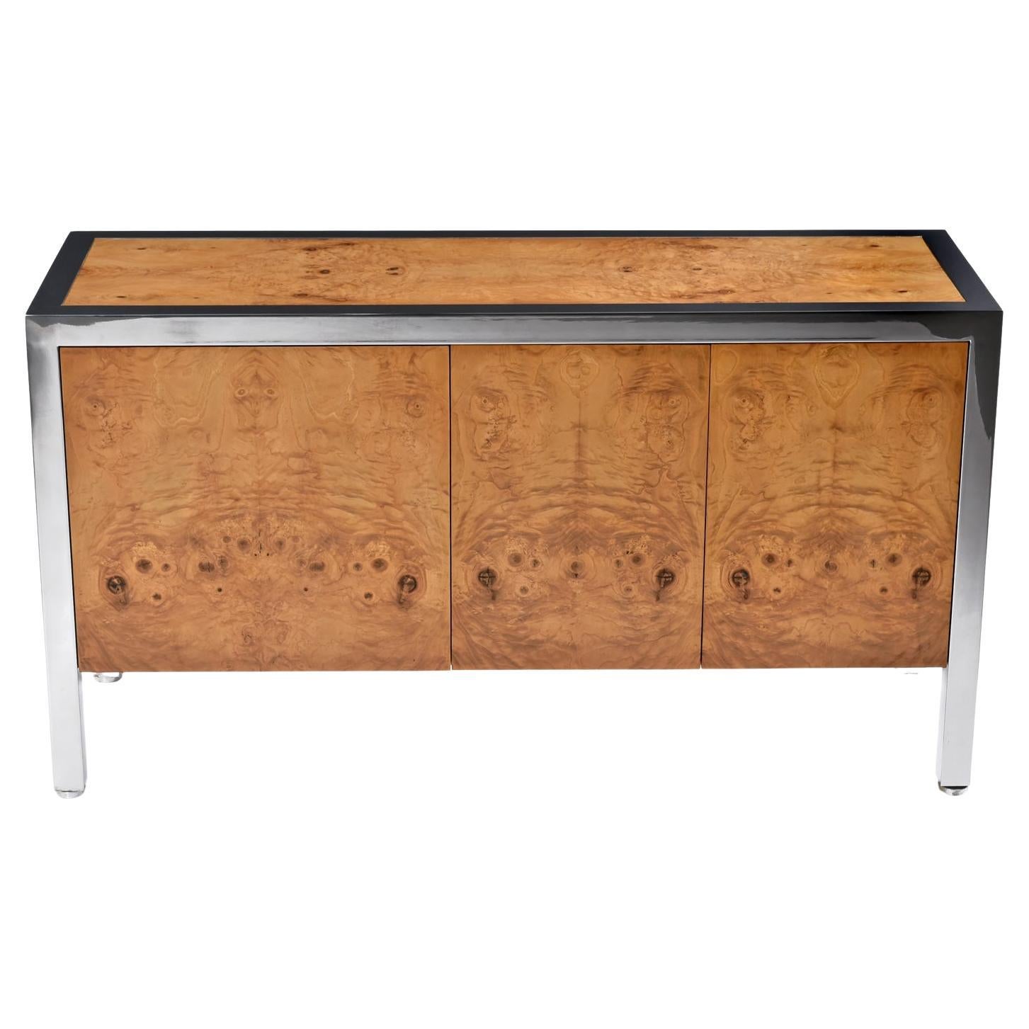 1970's, Leon Rosen for Pace Burl Wood Stainless Steel Credenza