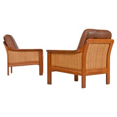 Tufted Leather Balinese Style Danish Modern Solid Teak and Cane Lounge Chair Set