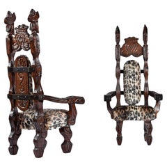 Used Hand Carved High Back Witco Tiki Throne King Chairs in Faux Leopard Fur