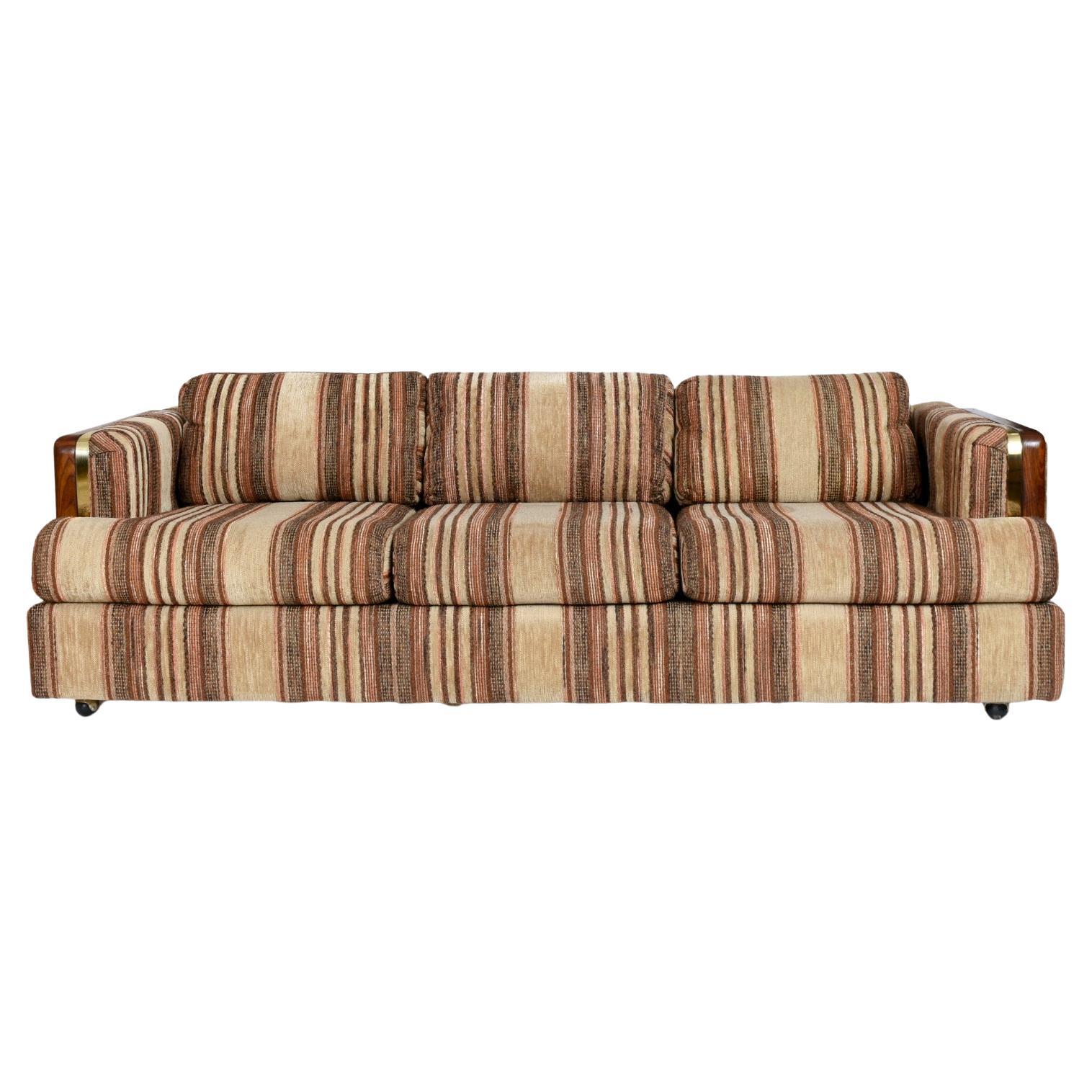 Brown Striped Oak Wood and Brass Accent Tuxedo Sofa