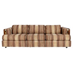 Brown Striped Oak Wood and Brass Accent Tuxedo Sofa