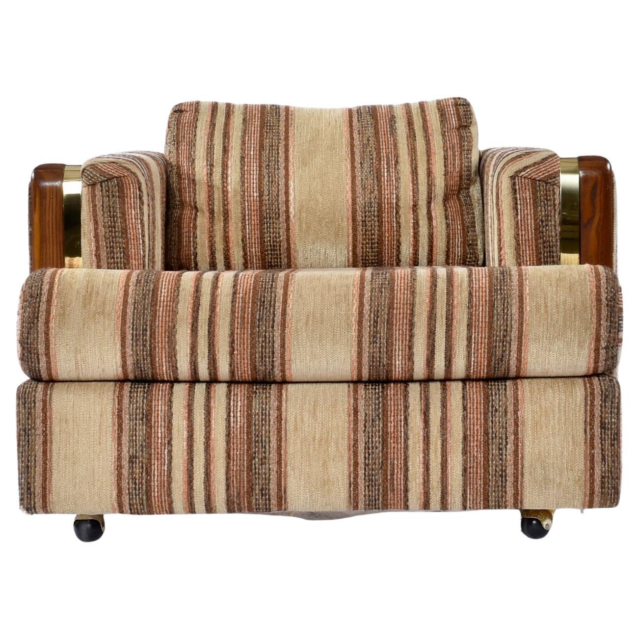 Post Modern Brown Striped Wood and Brass Accent Tuxedo Armchair For Sale