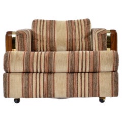 Retro Post Modern Brown Striped Wood and Brass Accent Tuxedo Armchair