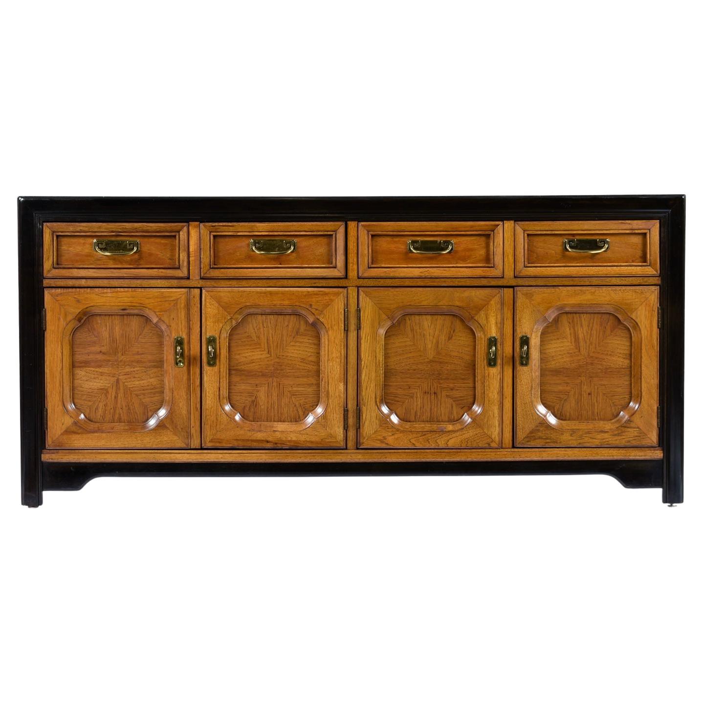 Thomasville Embassy Wood Inlay Asian Modern Campaign Style Brass Accent Credenza For Sale