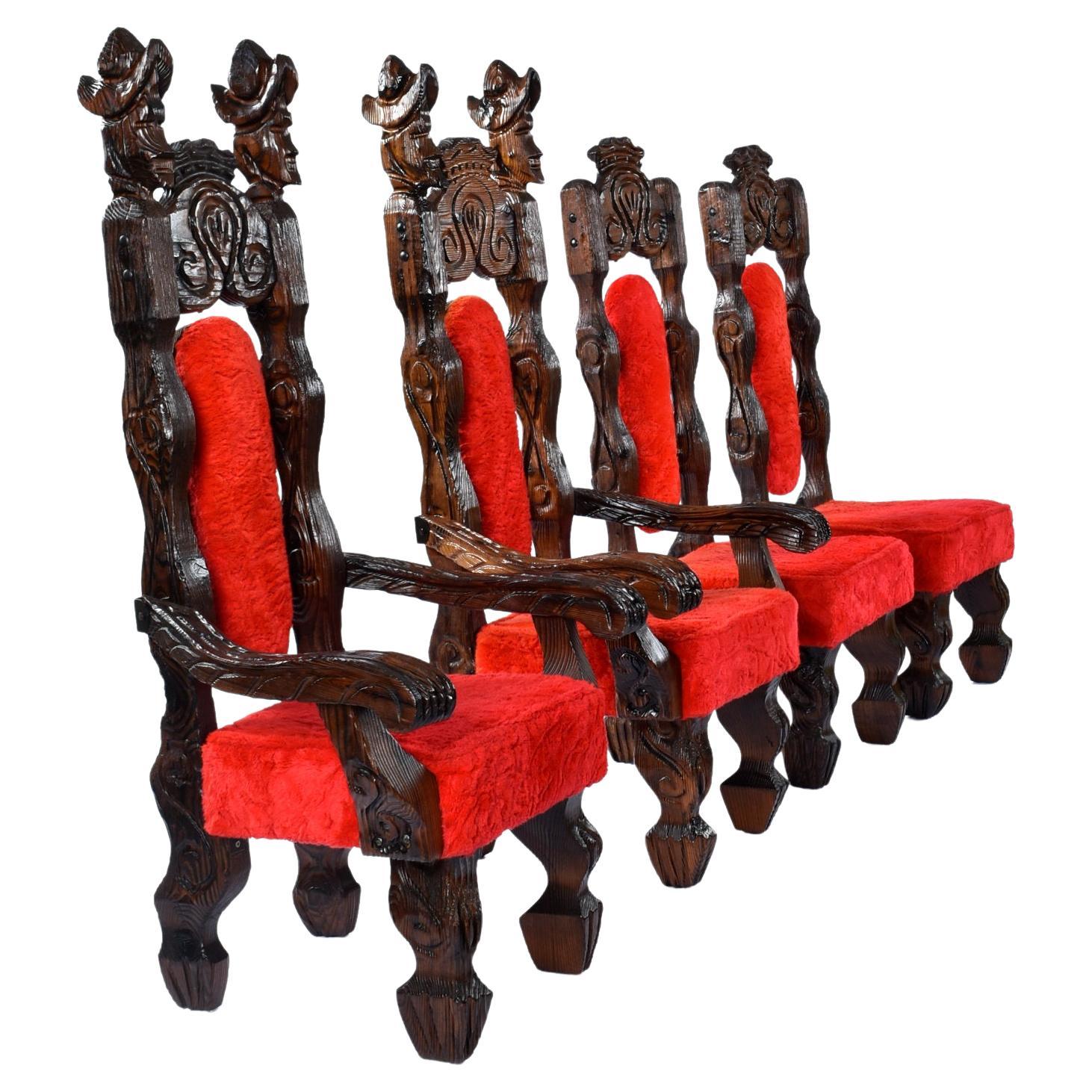 Set of 4 Restored Vintage Witco Conquistador Tiki Chairs in Original Red Fur For Sale