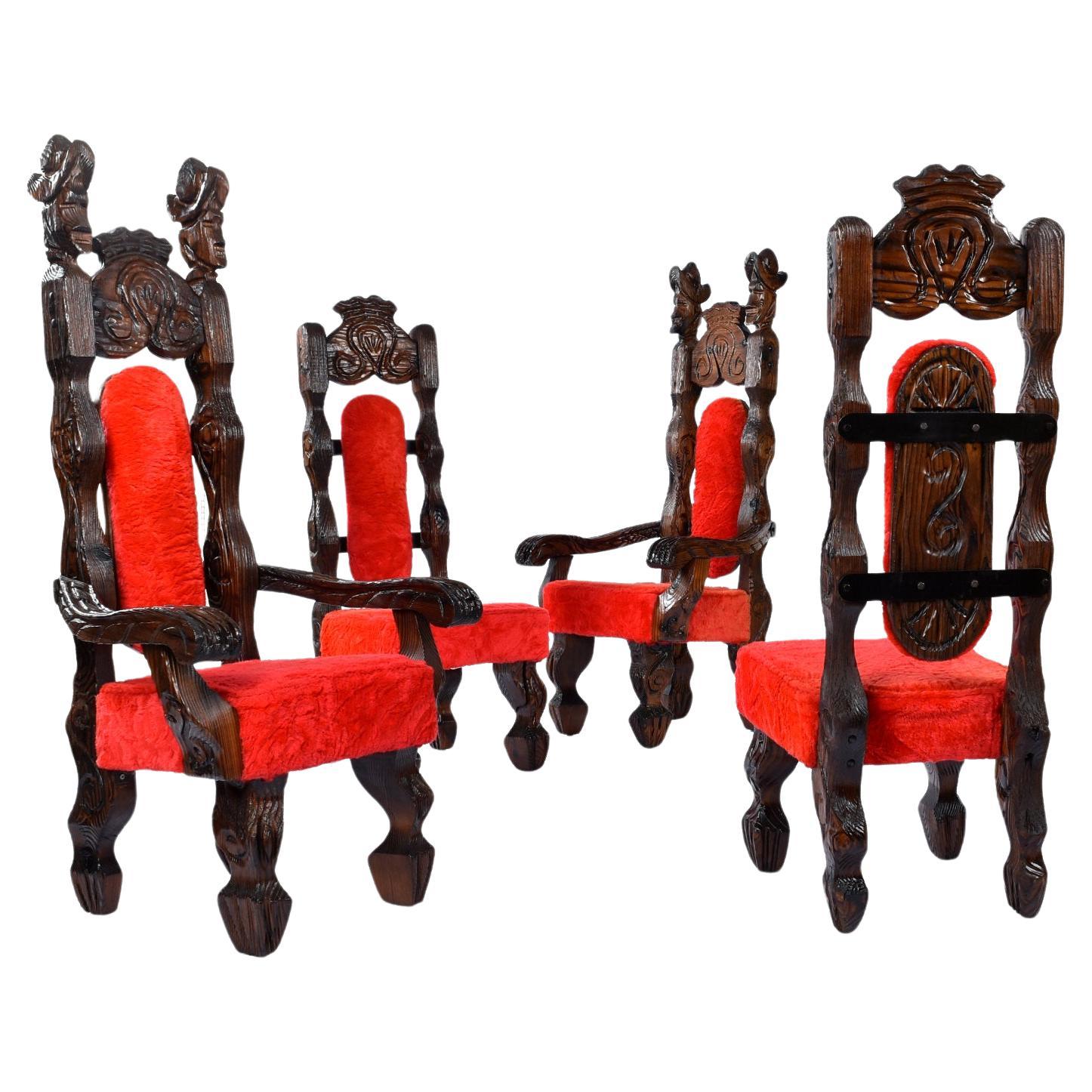 Set of four restored Witco Conquistador tiki throne chairs in original red fur. This set of four chairs was originally part of a dining set. We have the matching dining table, sold separate. Let us know if you are interested in the table. These