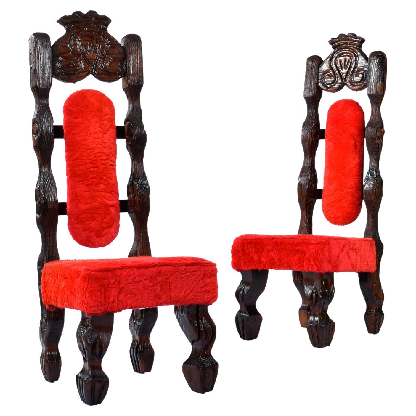 Restored Pair Vintage Witco Tiki Dramatic High Back Chairs in Original Red Fur For Sale