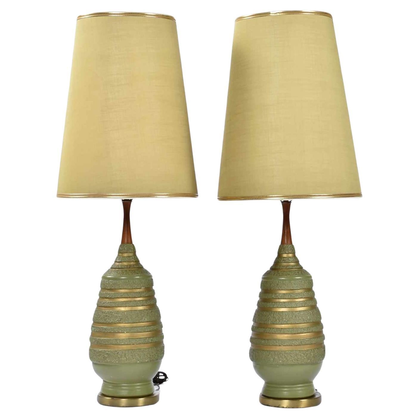 Mid-Century Modern Avacado Green and Gold Plasto Lamps with Original Shades For Sale