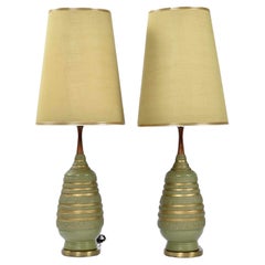 Retro Mid-Century Modern Avacado Green and Gold Plasto Lamps with Original Shades