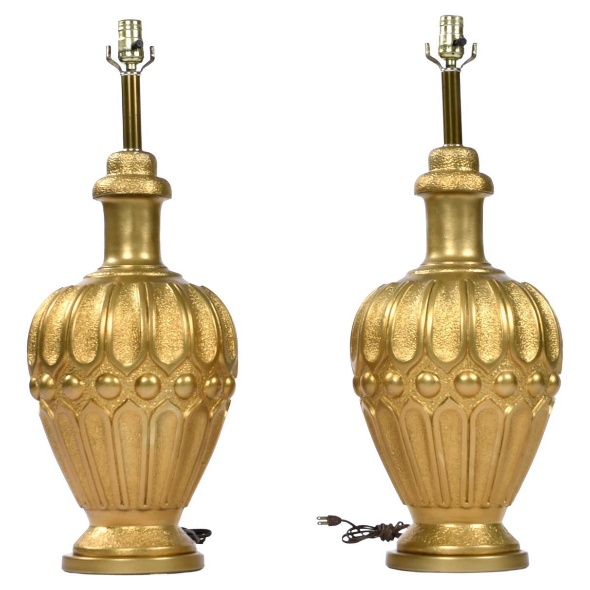Pair of Large Mid-Century Modern Gold Colored Genie Lamps on Brass Bases For Sale