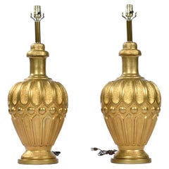 Retro Pair of Large Mid-Century Modern Gold Colored Genie Lamps on Brass Bases