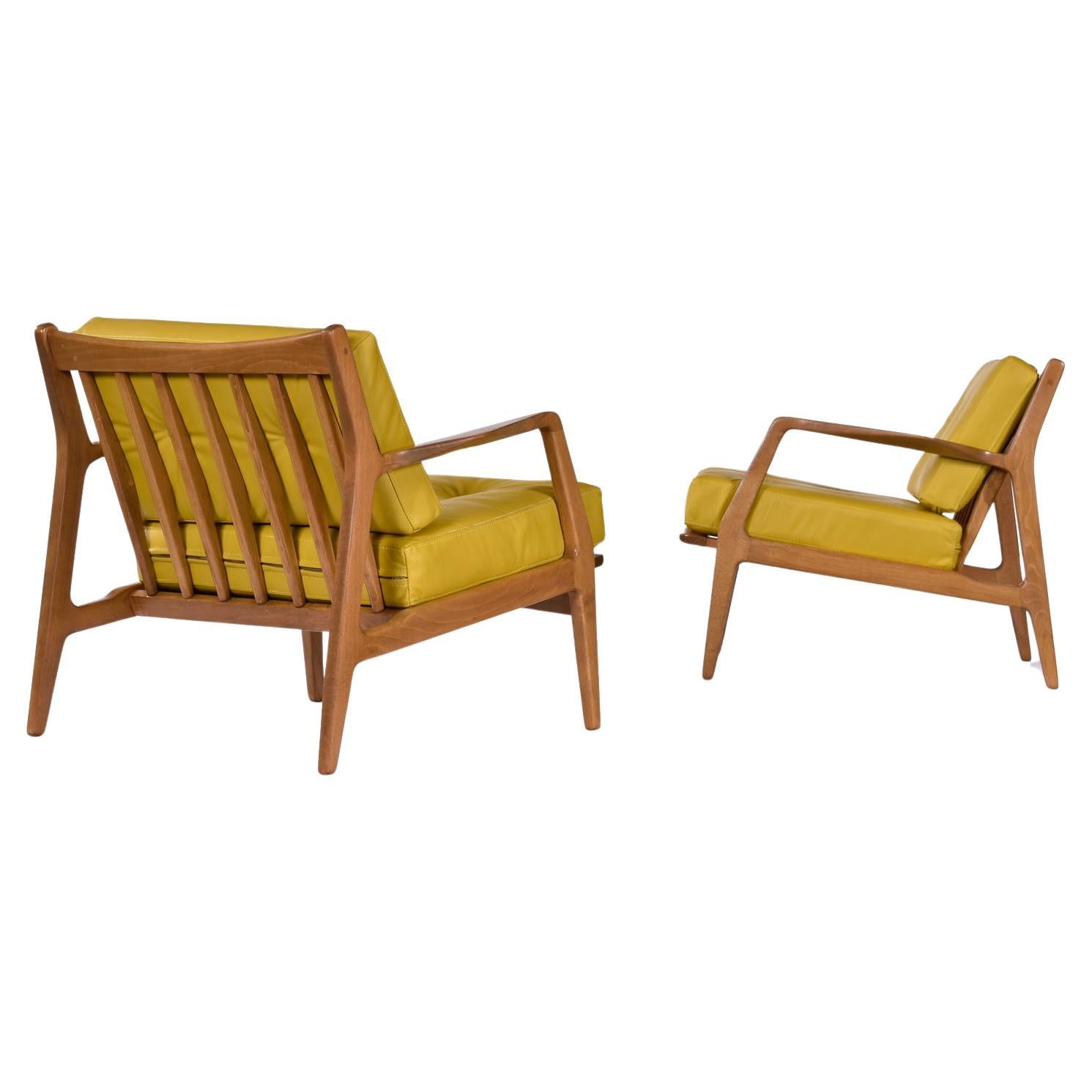 Yellow Leather Lawrence Peabody for Selig Danish Modern Danish Lounge Chairs For Sale