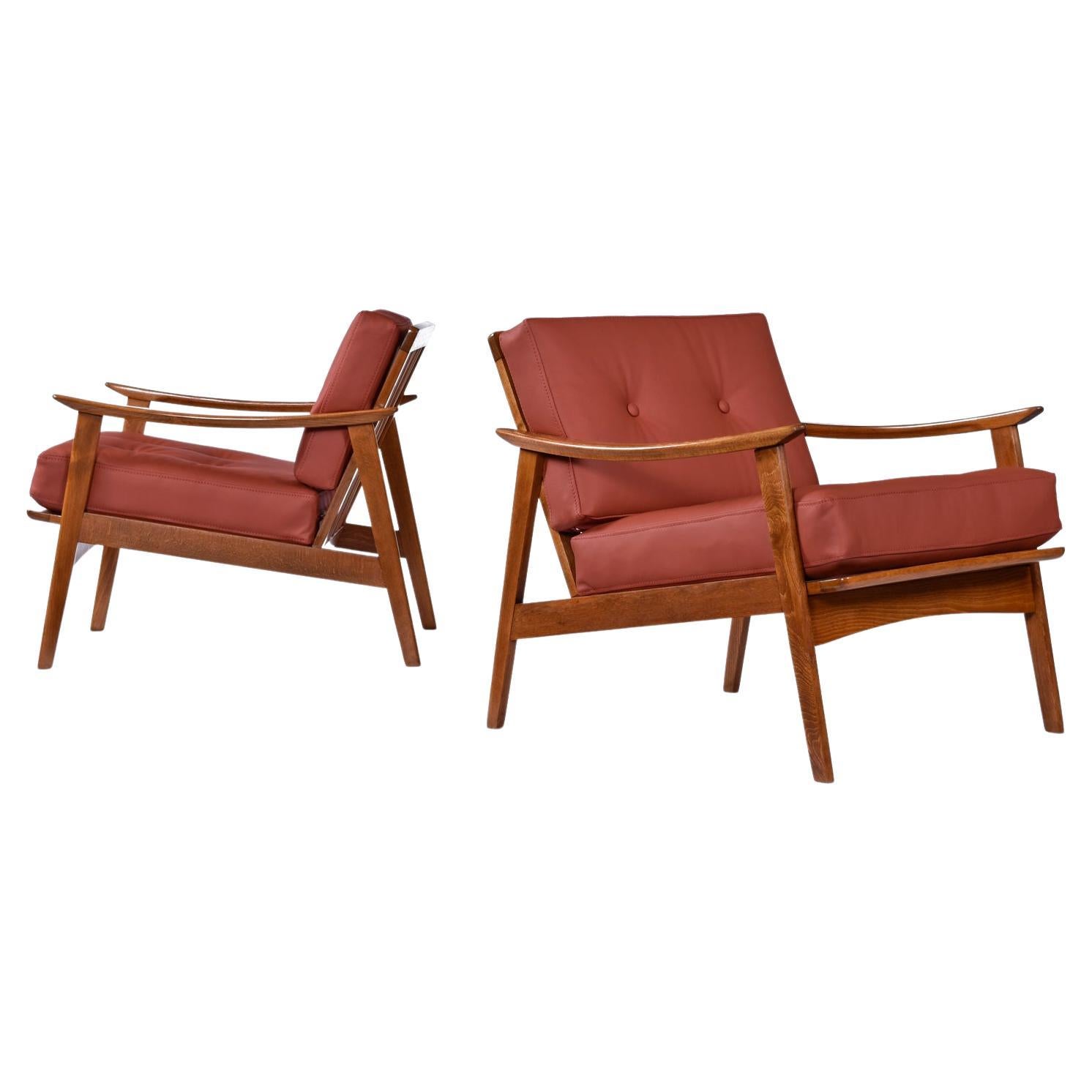 1960's Cognac Leather Scandinavian Modern Beech Wood Lounge Chairs