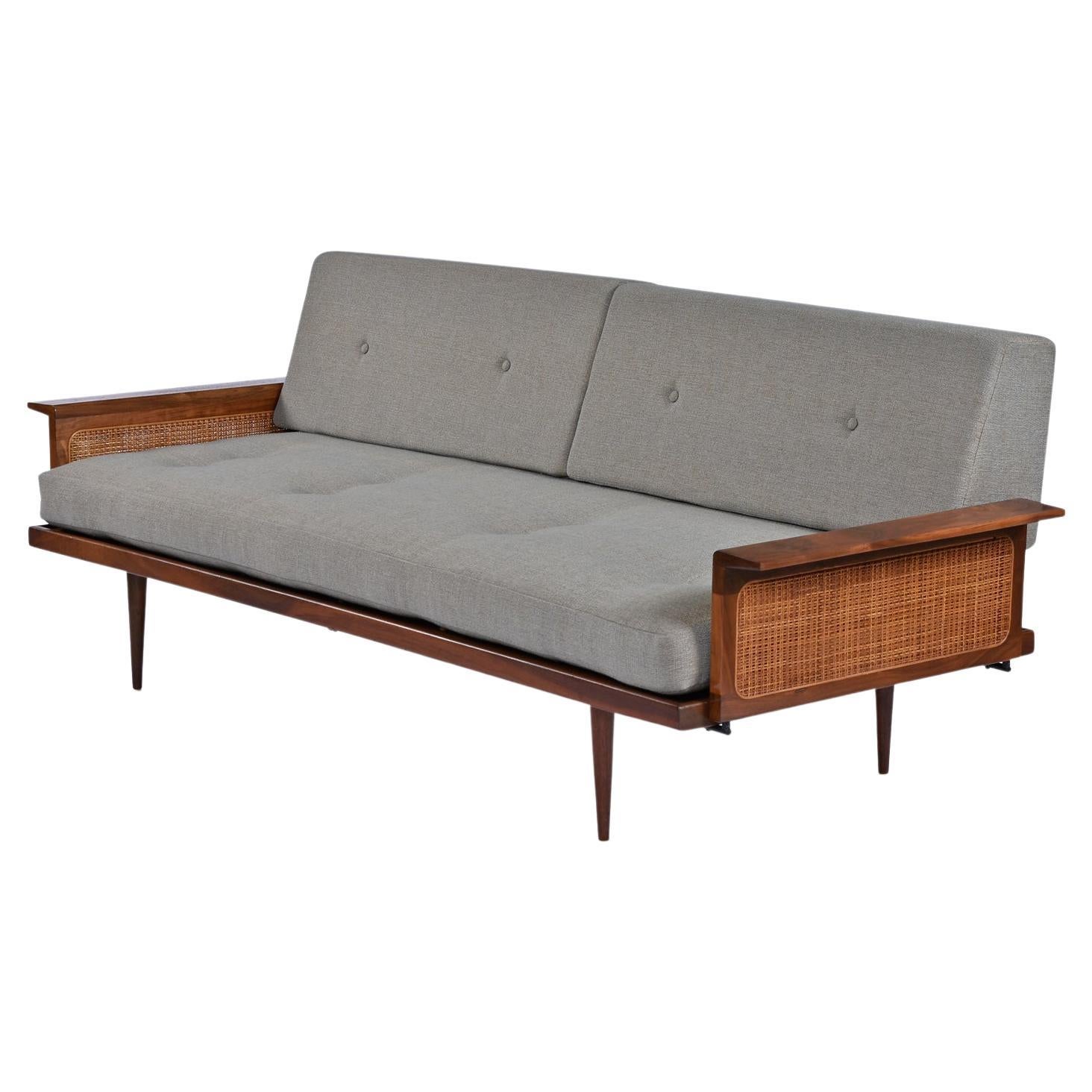Restored Mid-Century Modern Walnut Cane Arm Daybed Sofa