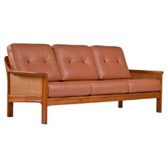 Tufted Leather Balinese Style Danish Modern Solid Teak and Cane Sofa