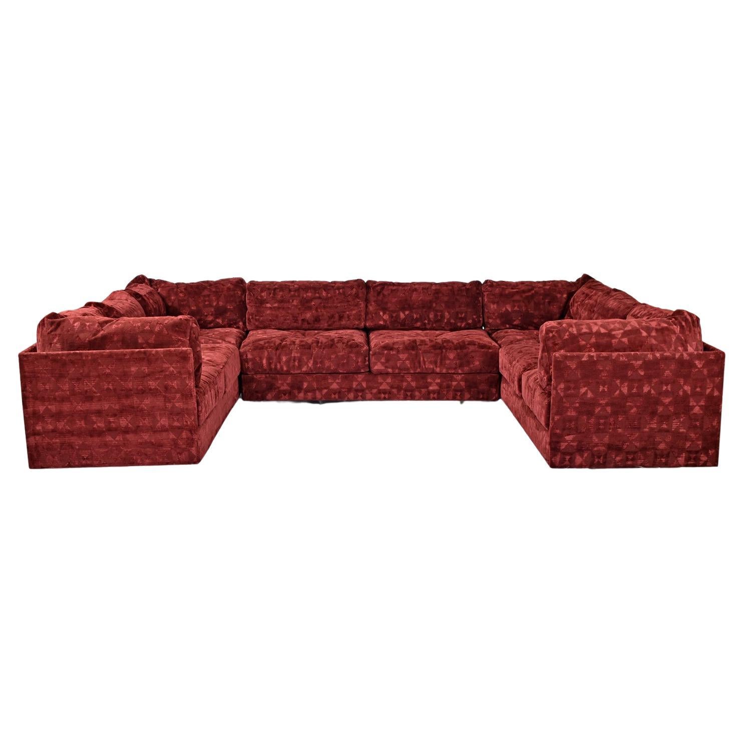 Milo Baughman Style Red Velour Three-Piece Sectional Sofa Set by Aven Rich For Sale